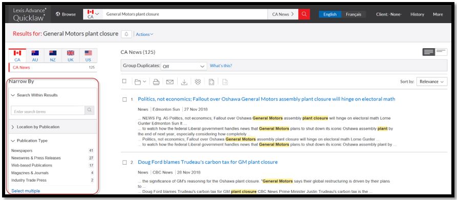 add Canada News Sources to your search via Pre-search filters