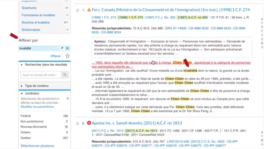 Visualisation et filtrage des r&eacute;sultats