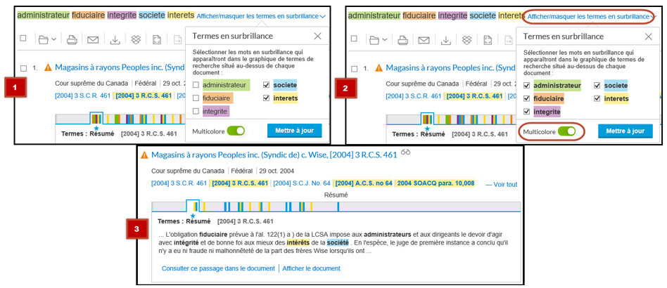 Afficher/masquer la fonction Surlignage des termes