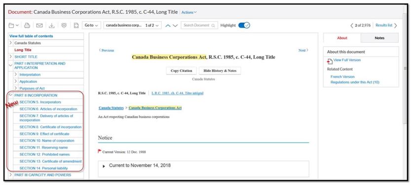 Legislation – Table of Content Enhancement