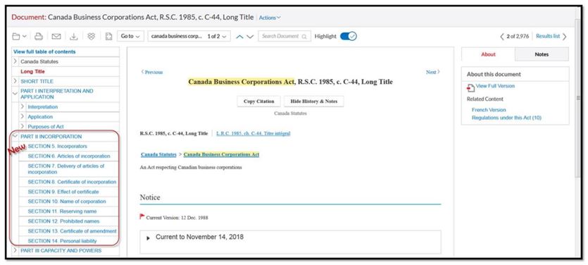 Legislation – Table of Content Enhancement