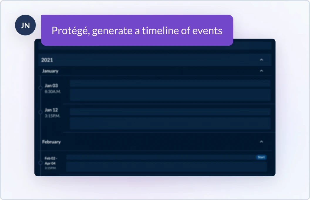 Example prompt of a user asking the Protege feature in Lexis+ AI to generate a timeline of events.